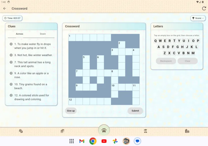 Crossword gameplay inside Know To Win showing a word puzzle in progress.